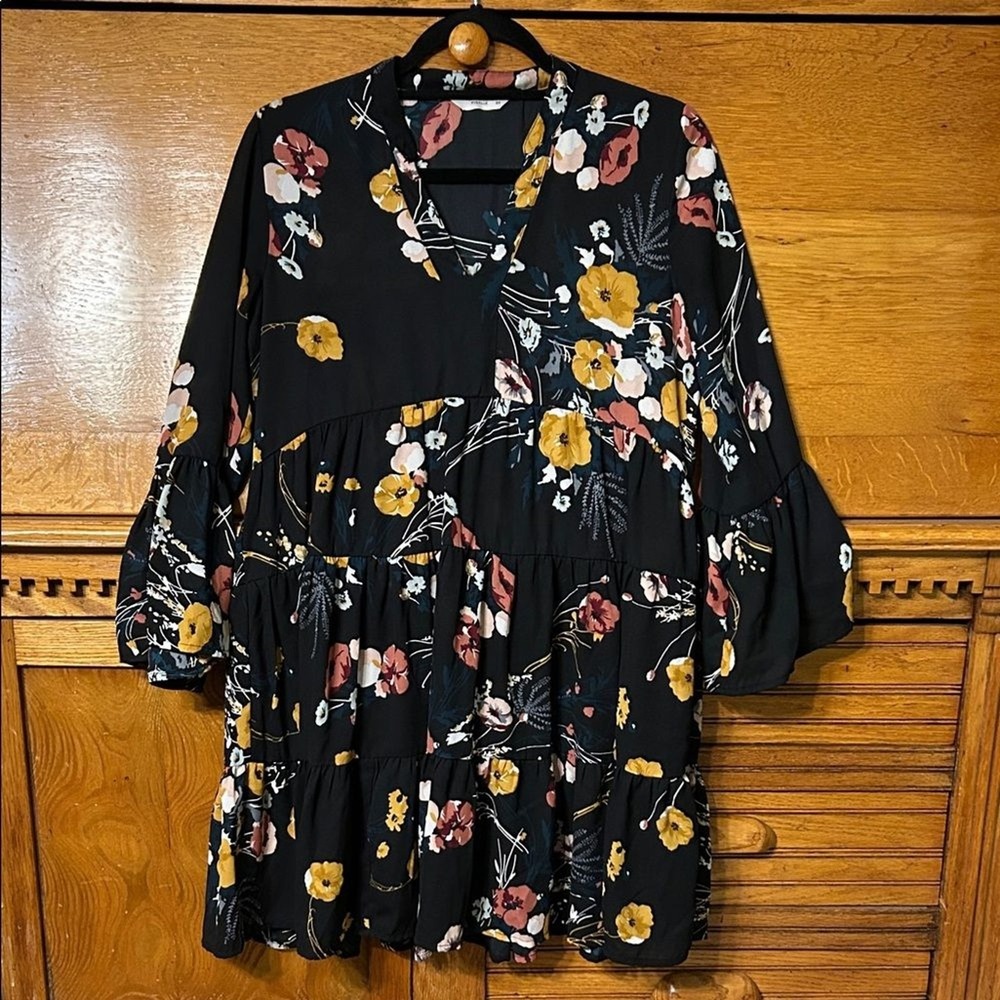 Fairygoth‎ Boho Chic Floral Tiered Mini Dress Black Mustard Bell Sleeve V-Neck